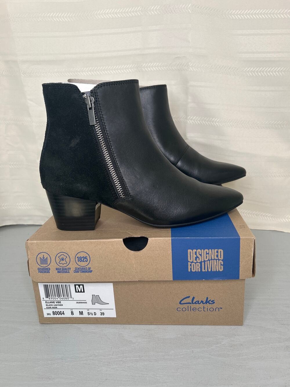 Clarks Ellanie Vibe Leather Ankle Boots Black Pointed Toe Womens Size 8M NEW